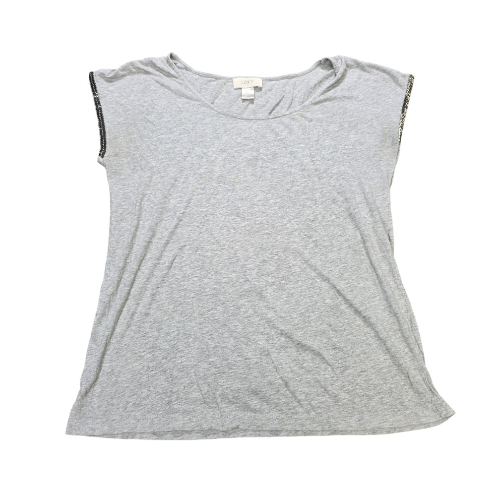 Ann Taylor LOFT Scoop Neck Tee Women's Size S Gray Beaded Sleeve Beaded Modal